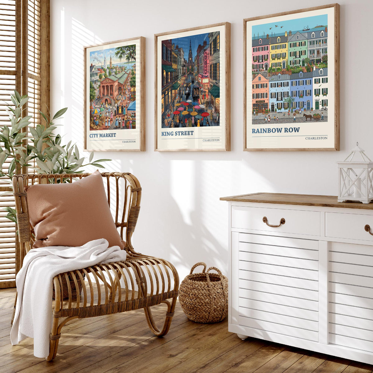 Charleston Set of Three Art Prints - City Market, King Street, Rainbow Row - 3 Folk Illustration Travel Posters - Southern Painting