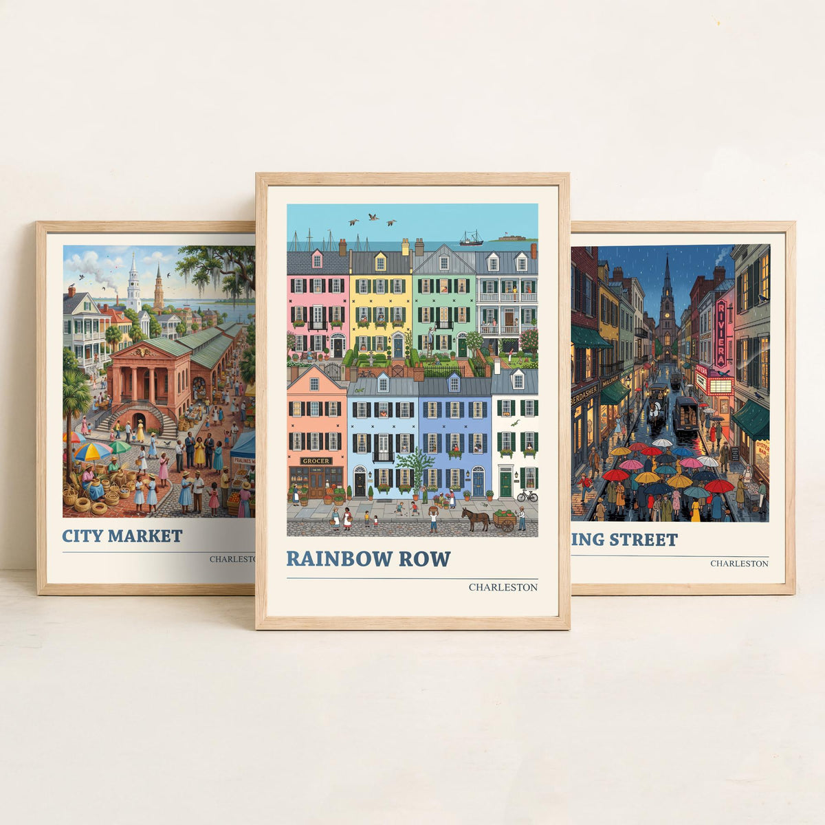 Charleston Set of Three Art Prints - City Market, King Street, Rainbow Row - 3 Folk Illustration Travel Posters - Southern Painting