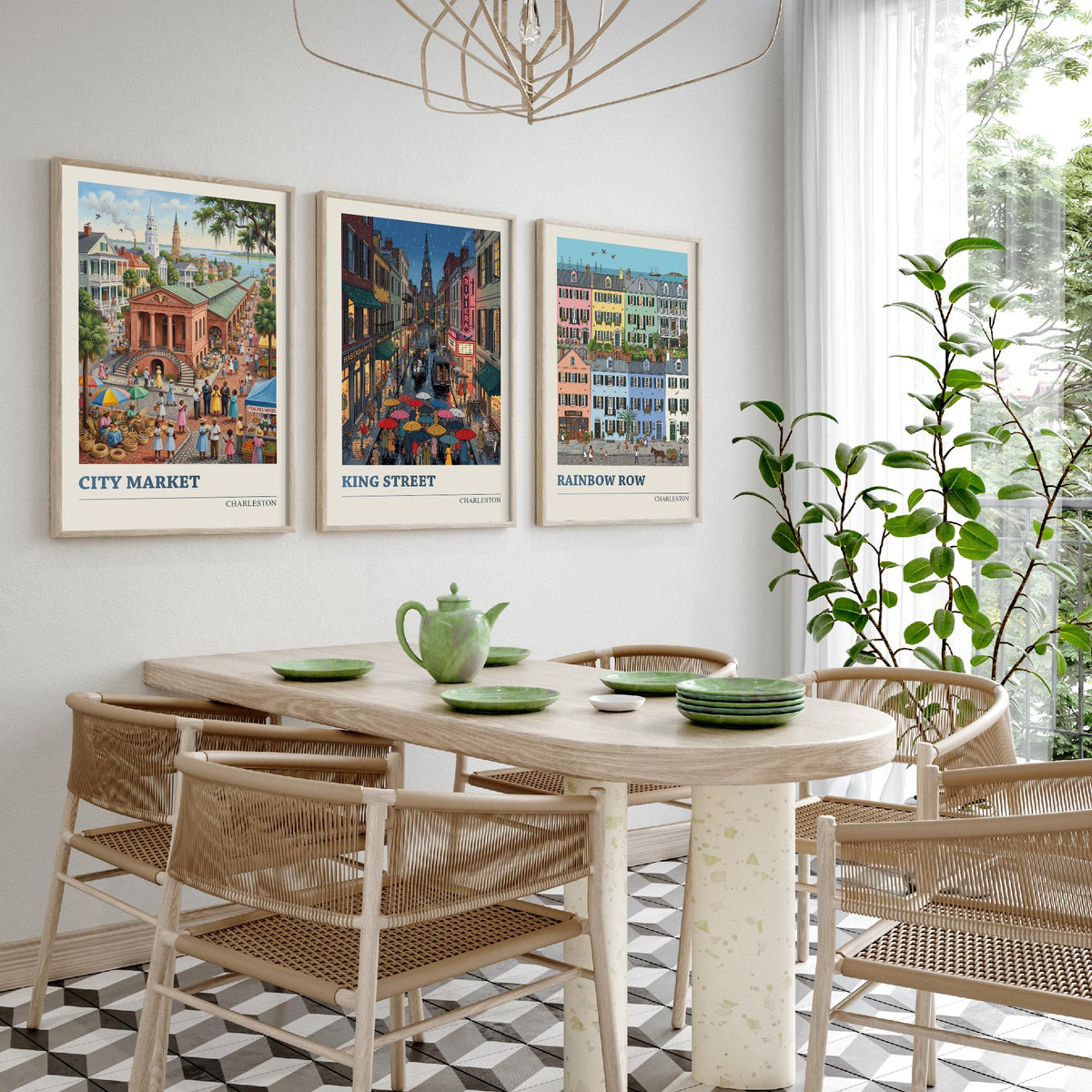 Charleston Set of Three Art Prints - City Market, King Street, Rainbow Row - 3 Folk Illustration Travel Posters - Southern Painting