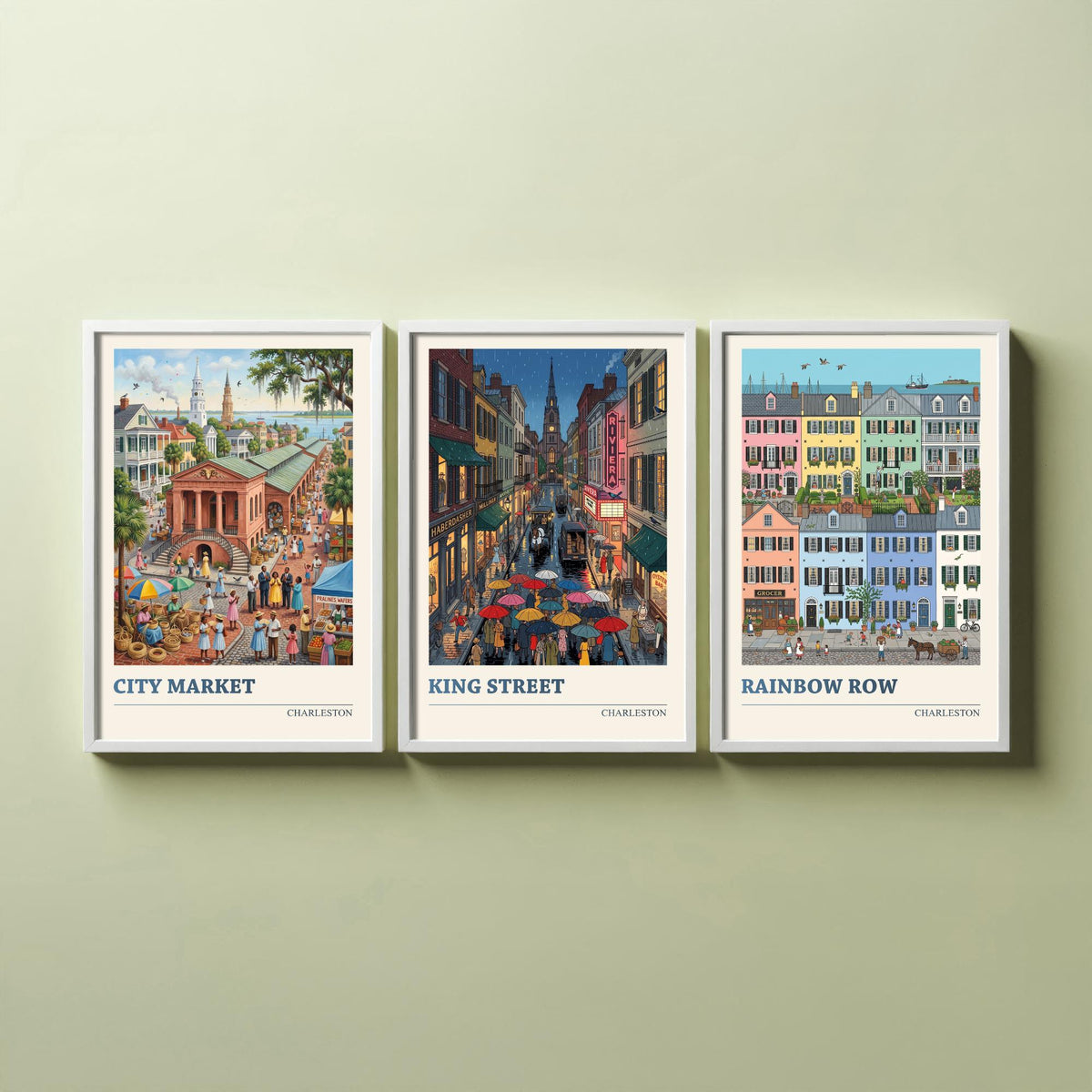 Charleston Set of Three Art Prints - City Market, King Street, Rainbow Row - 3 Folk Illustration Travel Posters - Southern Painting