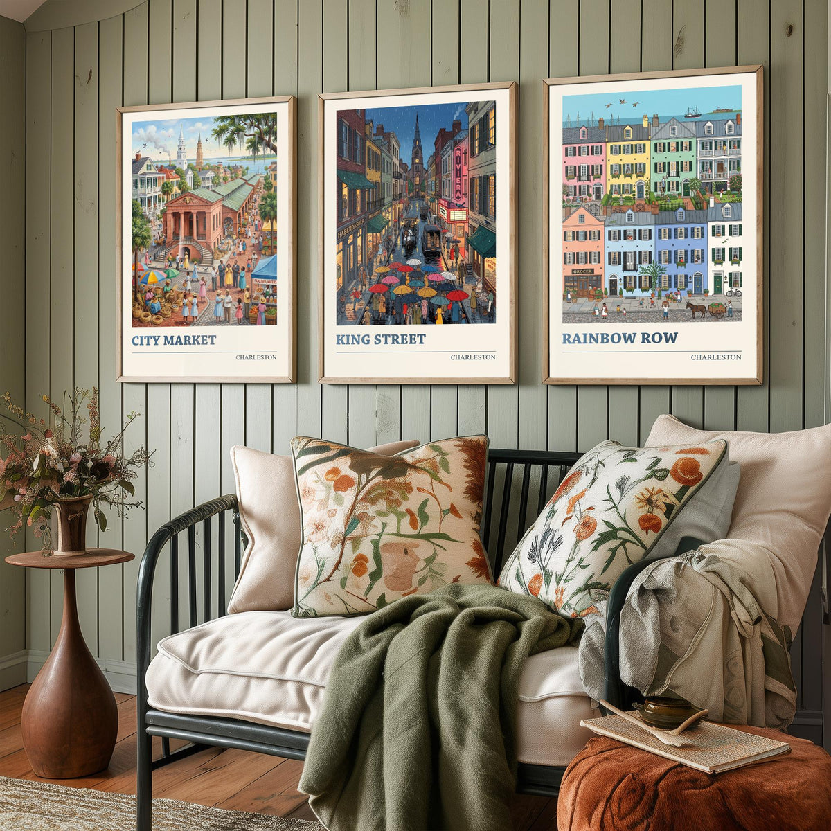 Charleston Set of Three Art Prints - City Market, King Street, Rainbow Row - 3 Folk Illustration Travel Posters - Southern Painting
