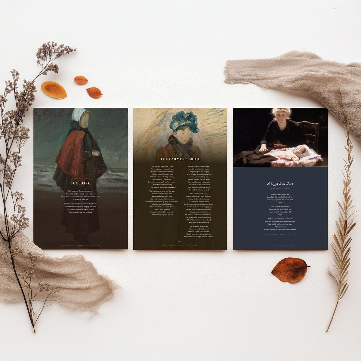 Charlotte Mew Poems Set of Three Art Prints - Sea Love, The Farmer's Bride, A Quoi Bon Dire over Classic Paintings - Poetry Poster Triptych