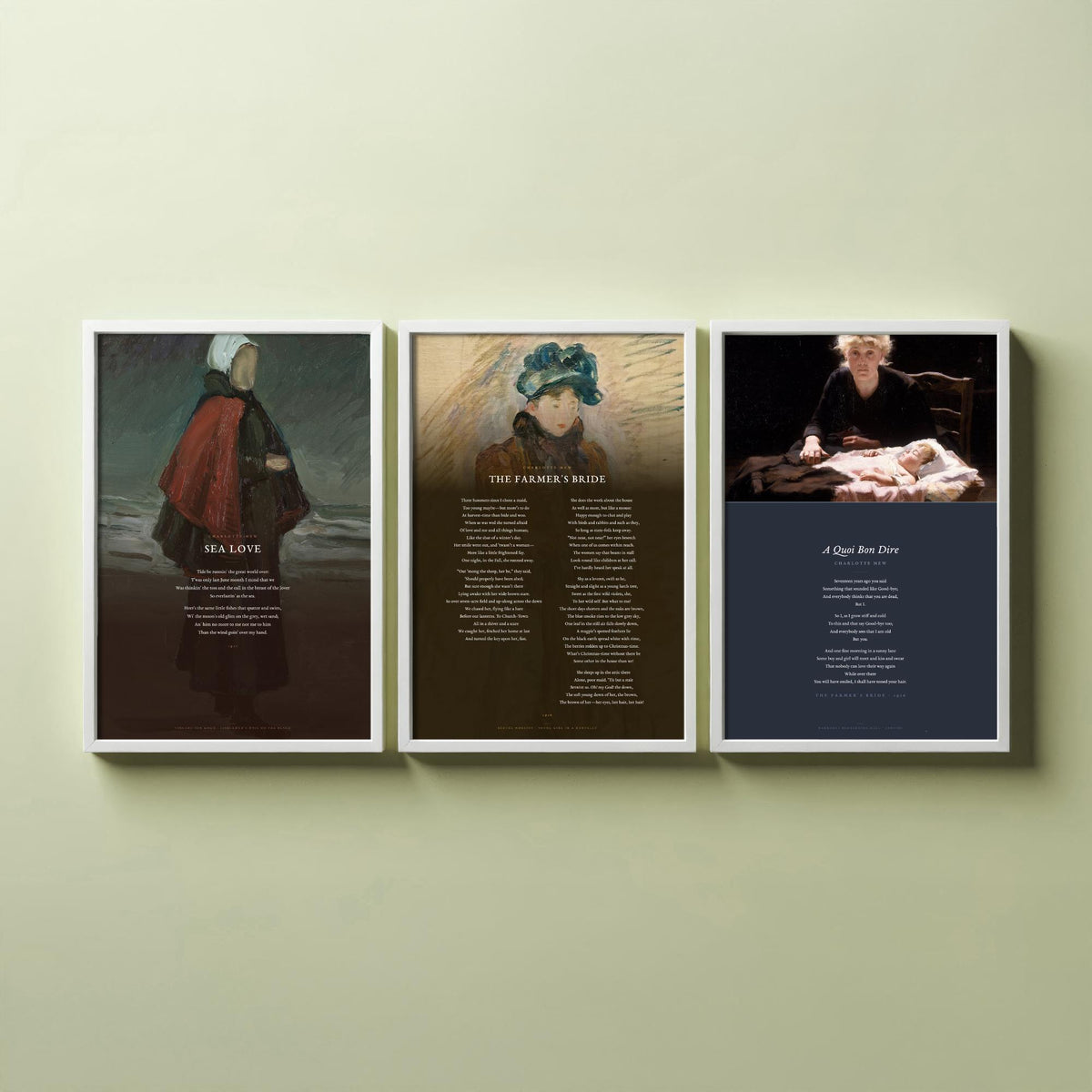 Charlotte Mew Poems Set of Three Art Prints - Sea Love, The Farmer's Bride, A Quoi Bon Dire over Classic Paintings - Poetry Poster Triptych