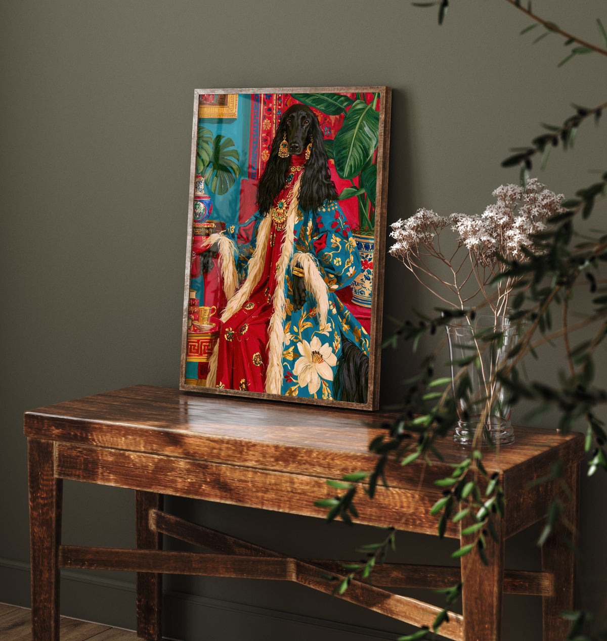 Afghan Hound Art Print - Floral Robe with Fur Trim - Chateaucore Animal Portrait Poster - Maximalist Painting
