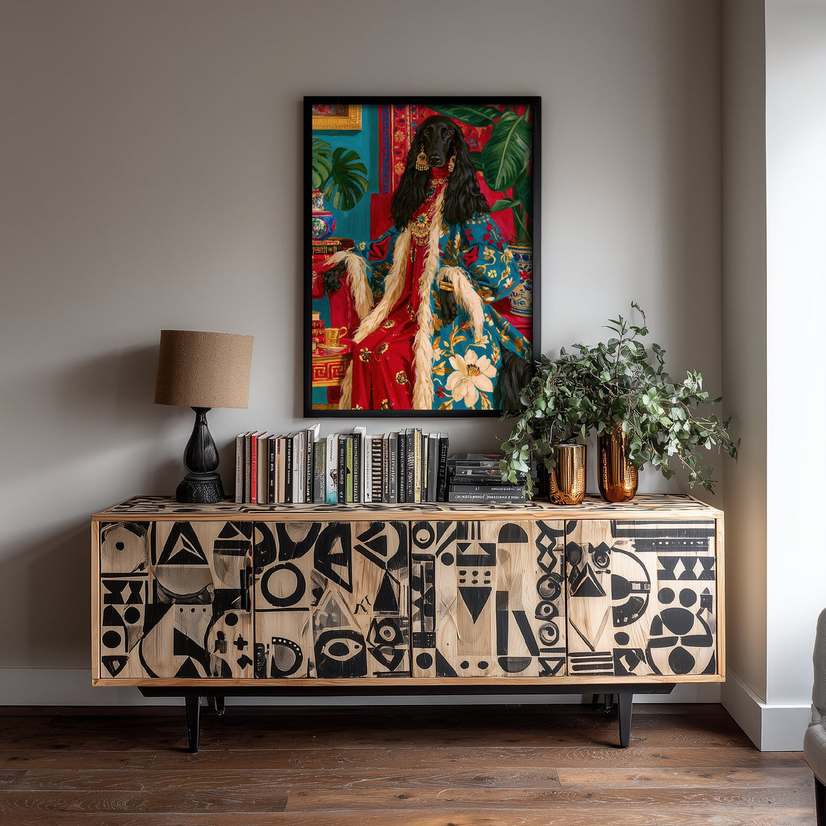 Afghan Hound Art Print - Floral Robe with Fur Trim - Chateaucore Animal Portrait Poster - Maximalist Painting
