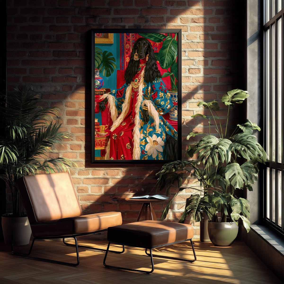 Afghan Hound Art Print - Floral Robe with Fur Trim - Chateaucore Animal Portrait Poster - Maximalist Painting