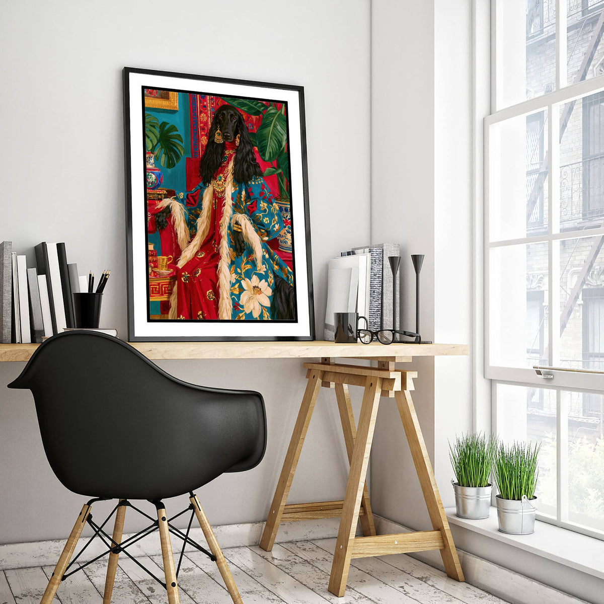 Afghan Hound Art Print - Floral Robe with Fur Trim - Chateaucore Animal Portrait Poster - Maximalist Painting