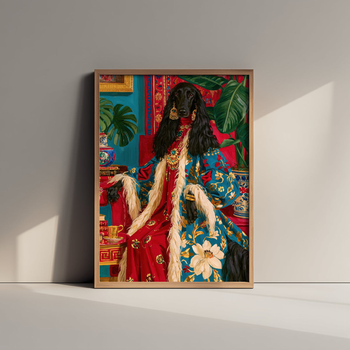 Afghan Hound Art Print - Floral Robe with Fur Trim - Chateaucore Animal Portrait Poster - Maximalist Painting