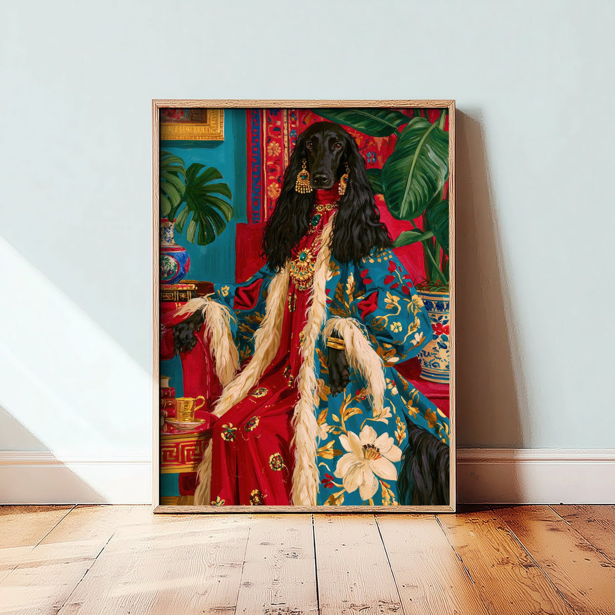 Afghan Hound Art Print - Floral Robe with Fur Trim - Chateaucore Animal Portrait Poster - Maximalist Painting
