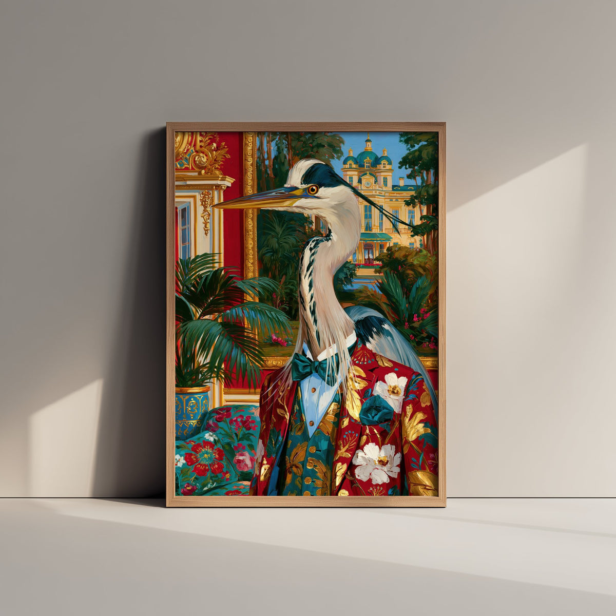 Grey Heron Art Print - Floral Tailcoat and Bow Tie - Chateaucore Animal Portrait Poster - Maximalist Painting