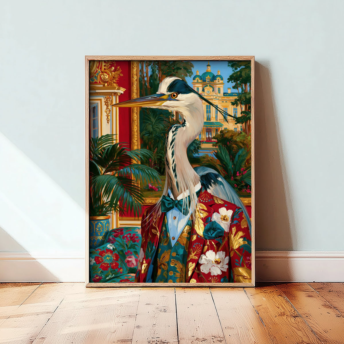 Grey Heron Art Print - Floral Tailcoat and Bow Tie - Chateaucore Animal Portrait Poster - Maximalist Painting