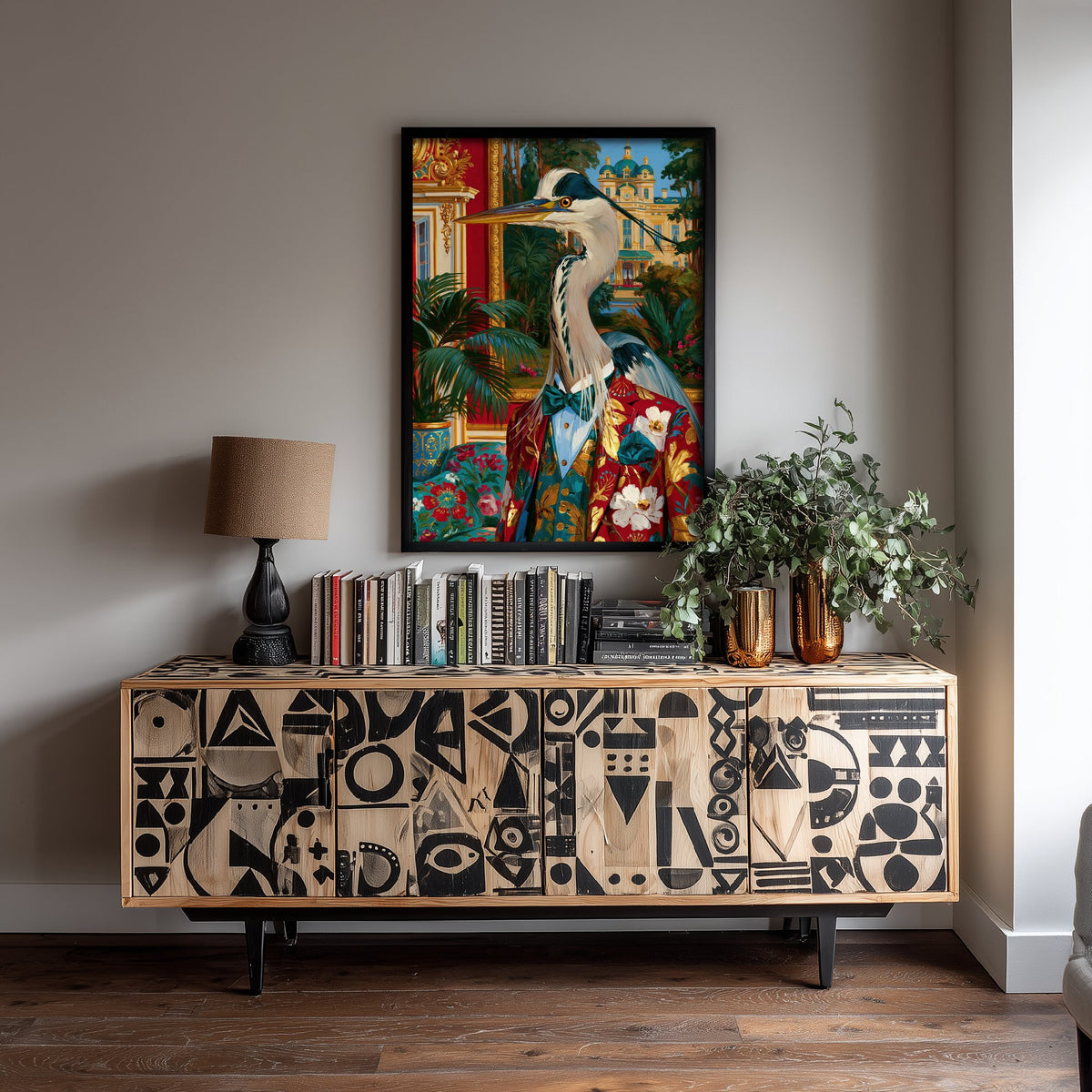 Grey Heron Art Print - Floral Tailcoat and Bow Tie - Chateaucore Animal Portrait Poster - Maximalist Painting