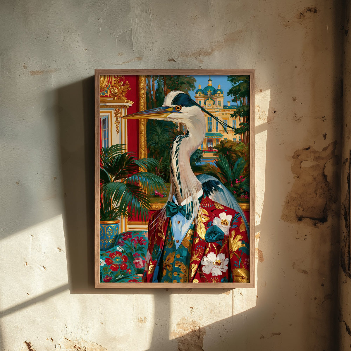 Grey Heron Art Print - Floral Tailcoat and Bow Tie - Chateaucore Animal Portrait Poster - Maximalist Painting