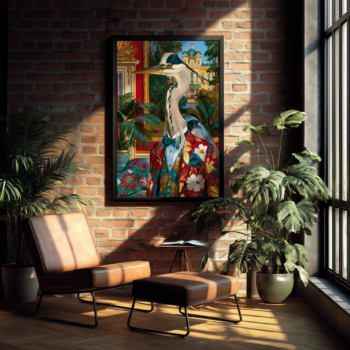 Grey Heron Art Print - Floral Tailcoat and Bow Tie - Chateaucore Animal Portrait Poster - Maximalist Painting
