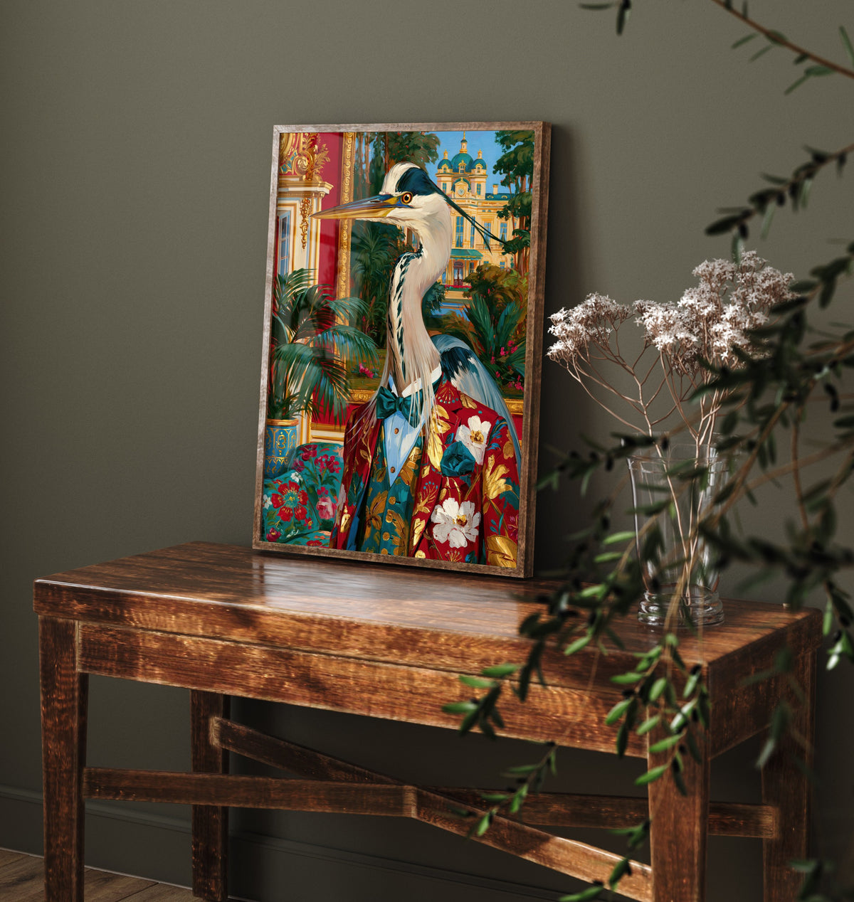 Grey Heron Art Print - Floral Tailcoat and Bow Tie - Chateaucore Animal Portrait Poster - Maximalist Painting