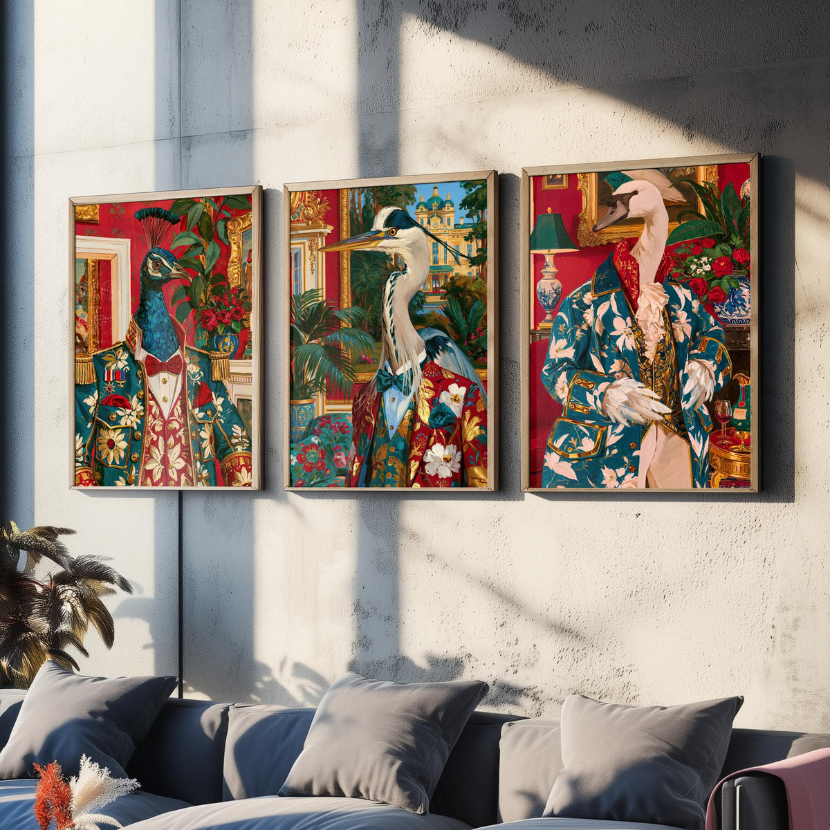 Chateaucore Bird Portrait Set of Three Art Prints - Peacock, Grey Heron, Swan - Maximalist Animal Painting Poster V2
