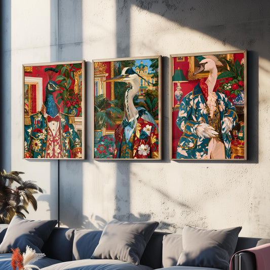 Chateaucore Bird Portrait Set of Three Art Prints - Peacock, Grey Heron, Swan - Maximalist Animal Painting Poster V2