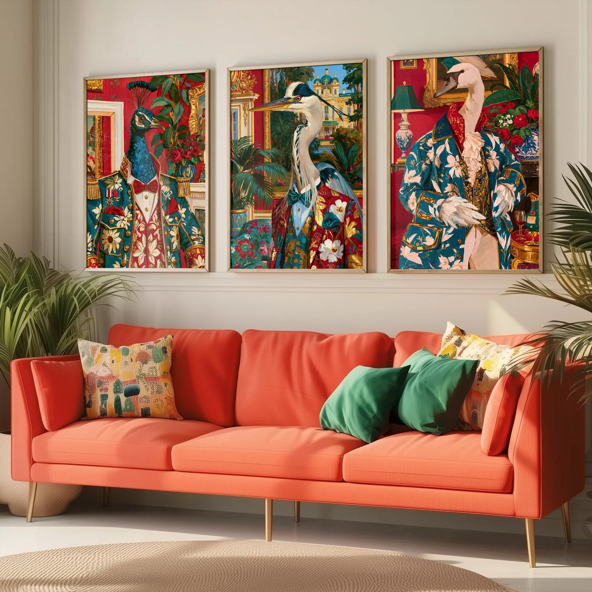 Chateaucore Bird Portrait Set of Three Art Prints - Peacock, Grey Heron, Swan - Maximalist Animal Painting Poster V2
