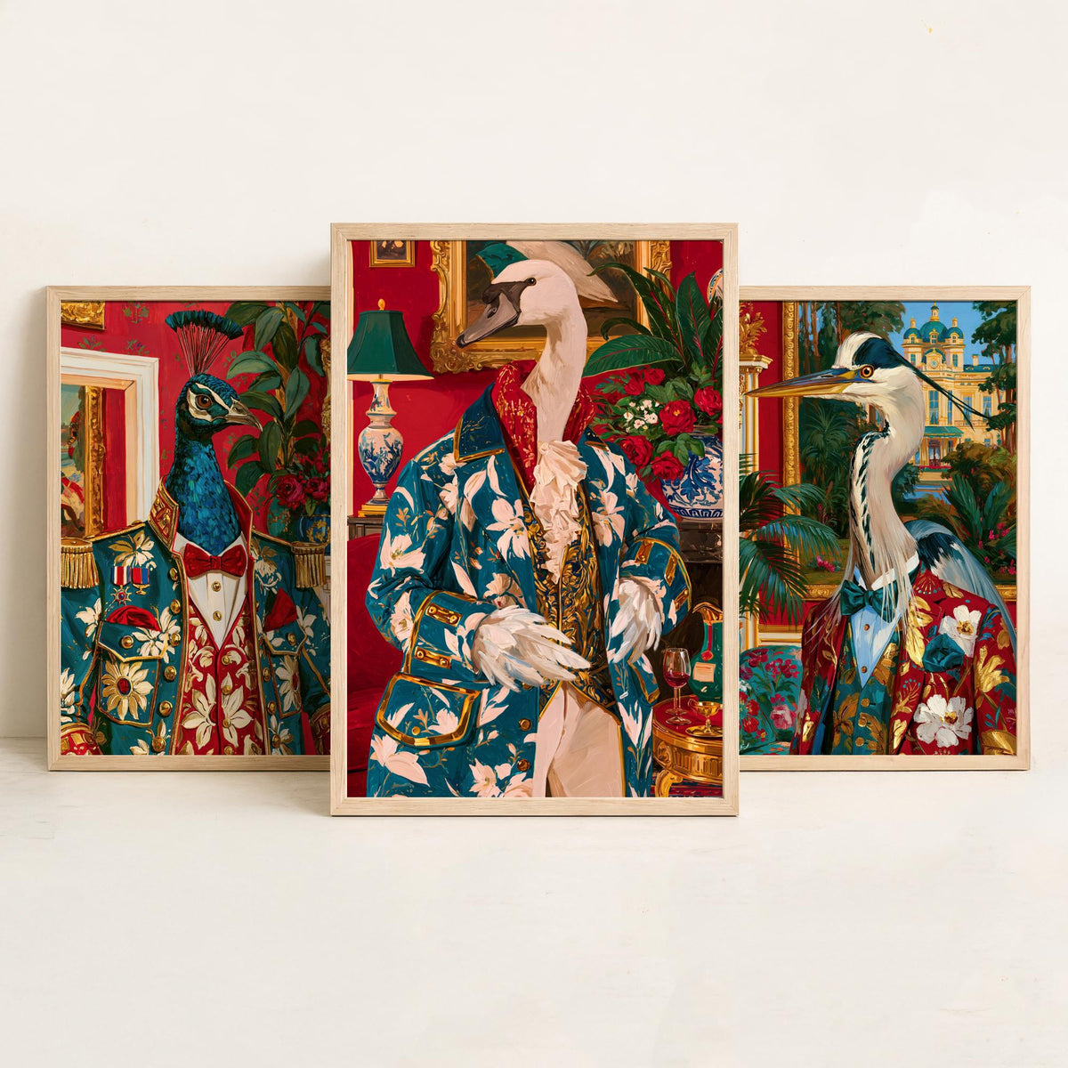 Chateaucore Bird Portrait Set of Three Art Prints - Peacock, Grey Heron, Swan - Maximalist Animal Painting Poster V2