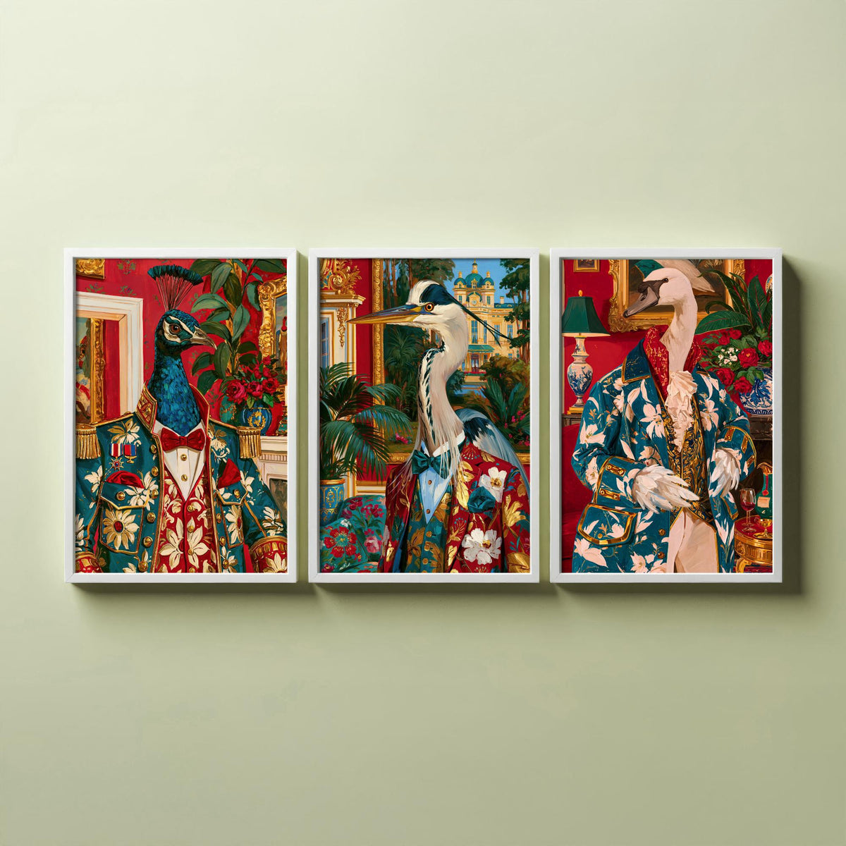 Chateaucore Bird Portrait Set of Three Art Prints - Peacock, Grey Heron, Swan - Maximalist Animal Painting Poster V2
