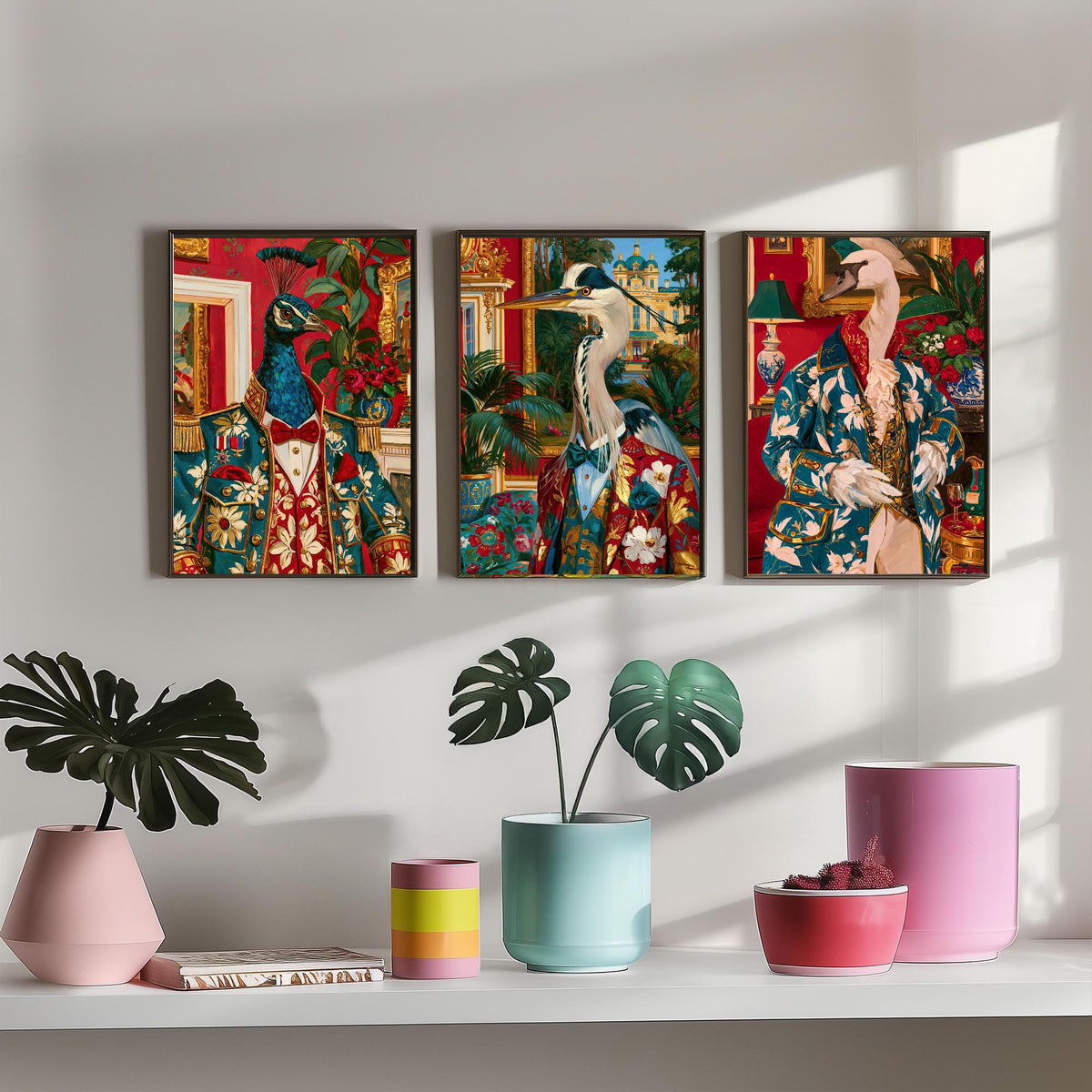 Chateaucore Bird Portrait Set of Three Art Prints - Peacock, Grey Heron, Swan - Maximalist Animal Painting Poster V2