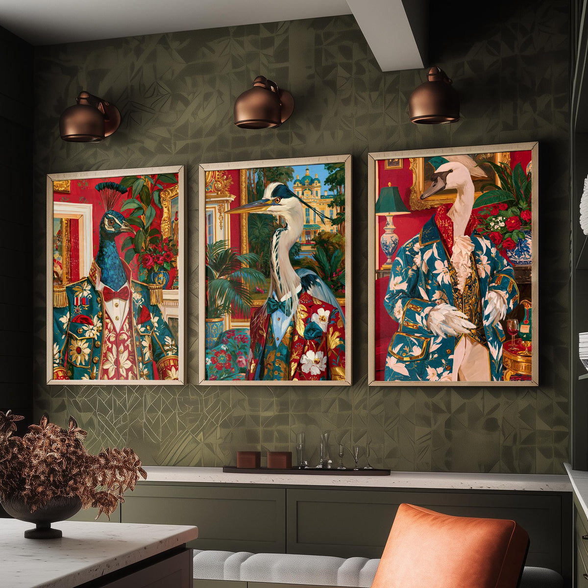 Chateaucore Bird Portrait Set of Three Art Prints - Peacock, Grey Heron, Swan - Maximalist Animal Painting Poster V2
