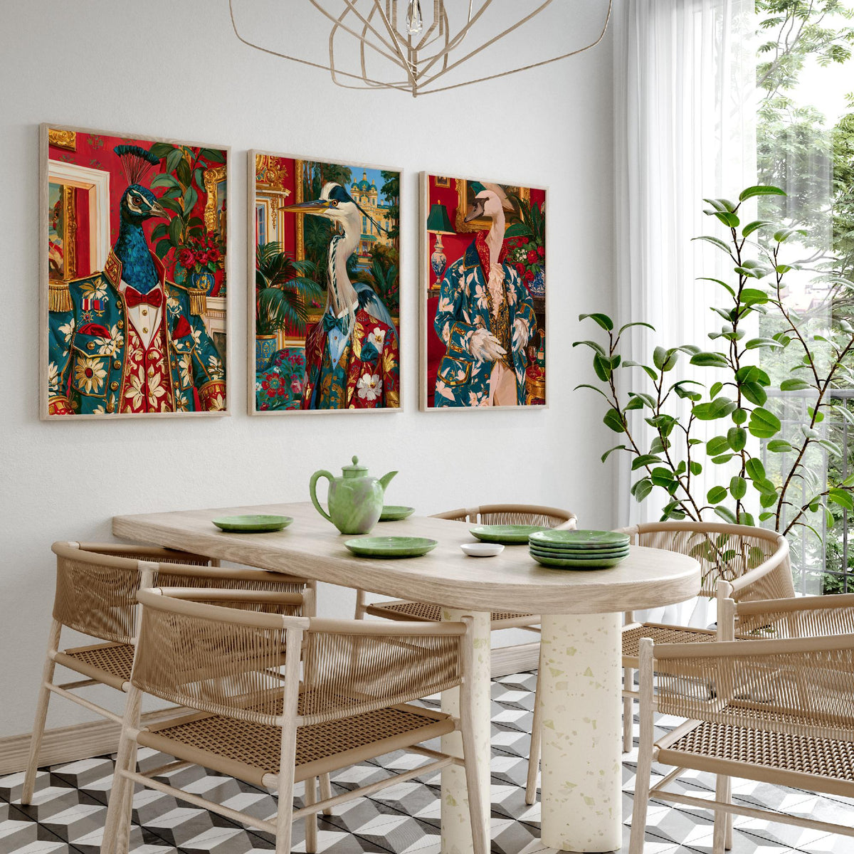 Chateaucore Bird Portrait Set of Three Art Prints - Peacock, Grey Heron, Swan - Maximalist Animal Painting Poster V2