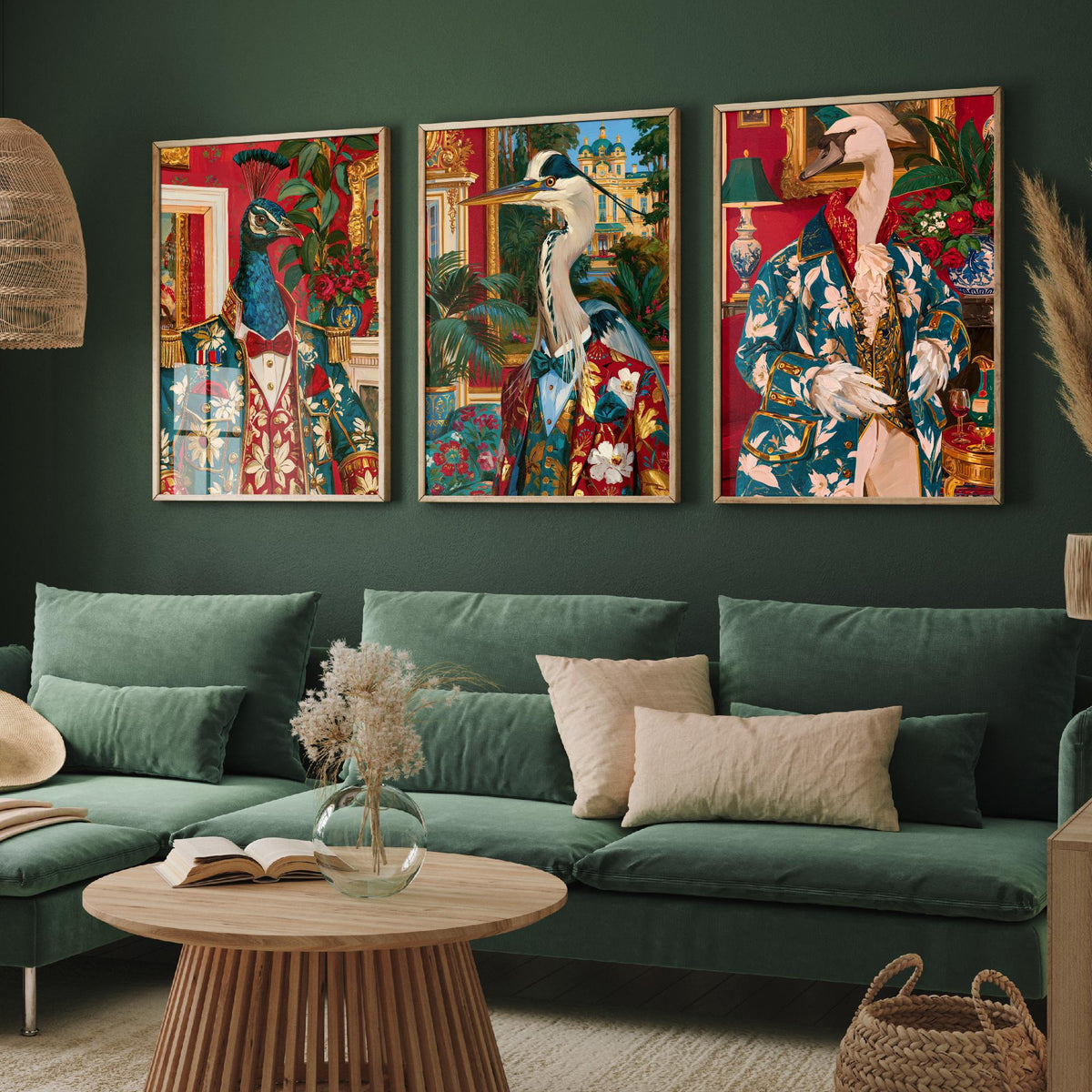 Chateaucore Bird Portrait Set of Three Art Prints - Peacock, Grey Heron, Swan - Maximalist Animal Painting Poster V2