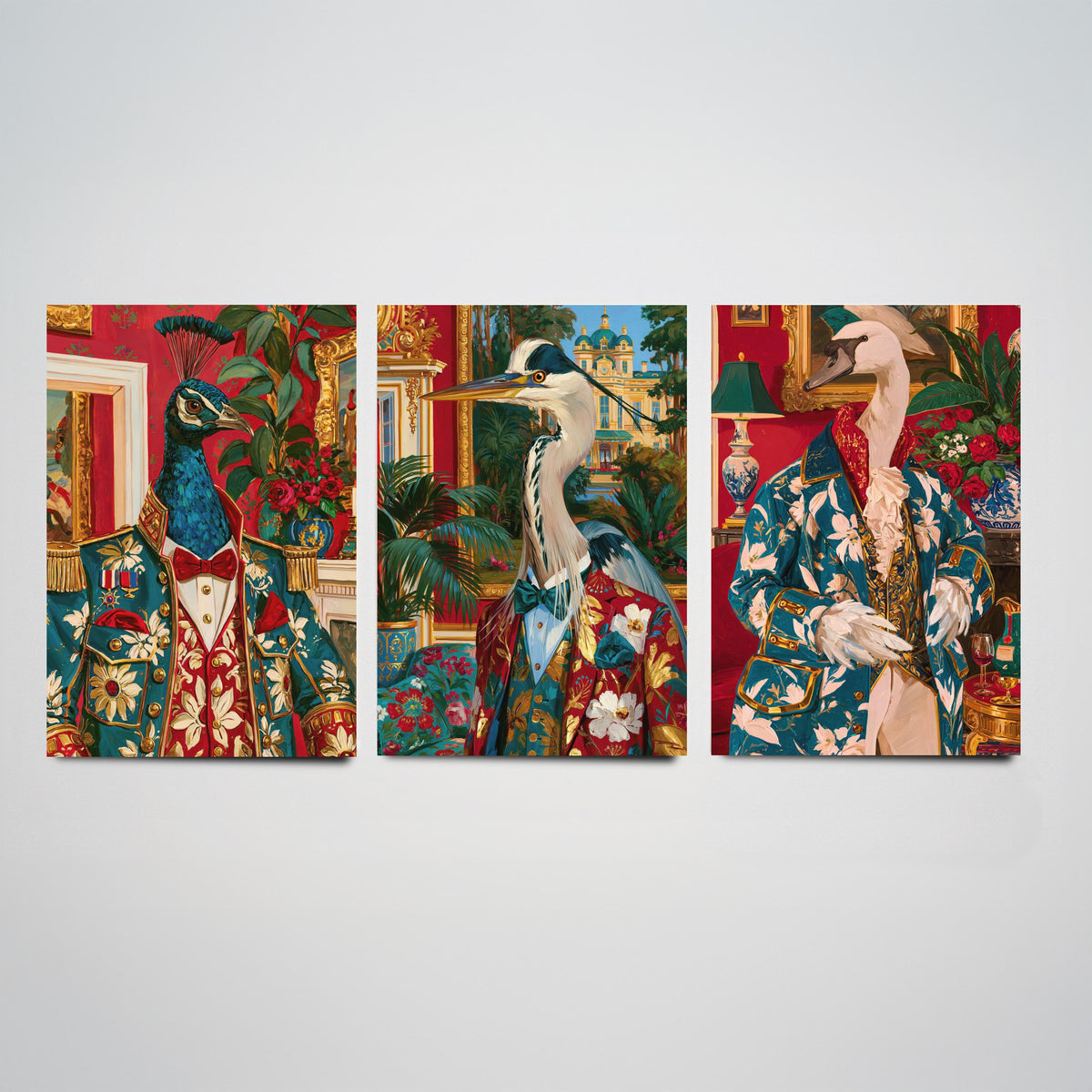 Chateaucore Bird Portrait Set of Three Art Prints - Peacock, Grey Heron, Swan - Maximalist Animal Painting Poster V2
