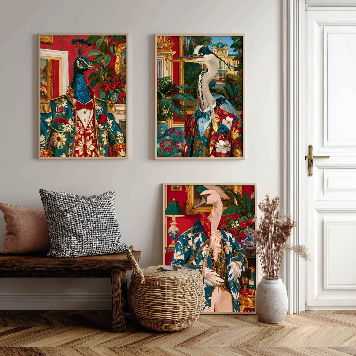 Chateaucore Bird Portrait Set of Three Art Prints - Peacock, Grey Heron, Swan - Maximalist Animal Painting Poster V2