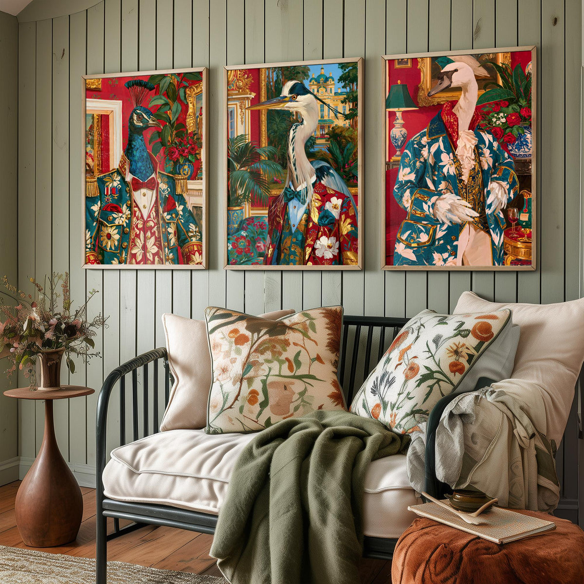 Chateaucore Bird Portrait Set of Three Art Prints - Peacock, Grey Heron, Swan - Maximalist Animal Painting Poster V2