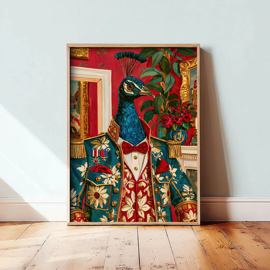 Peacock Art Print - Military Jacket and Medals - Chateaucore Animal Portrait Poster - Maximalist Painting