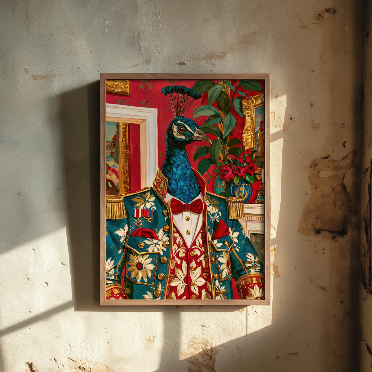 Peacock Art Print - Military Jacket and Medals - Chateaucore Animal Portrait Poster - Maximalist Painting