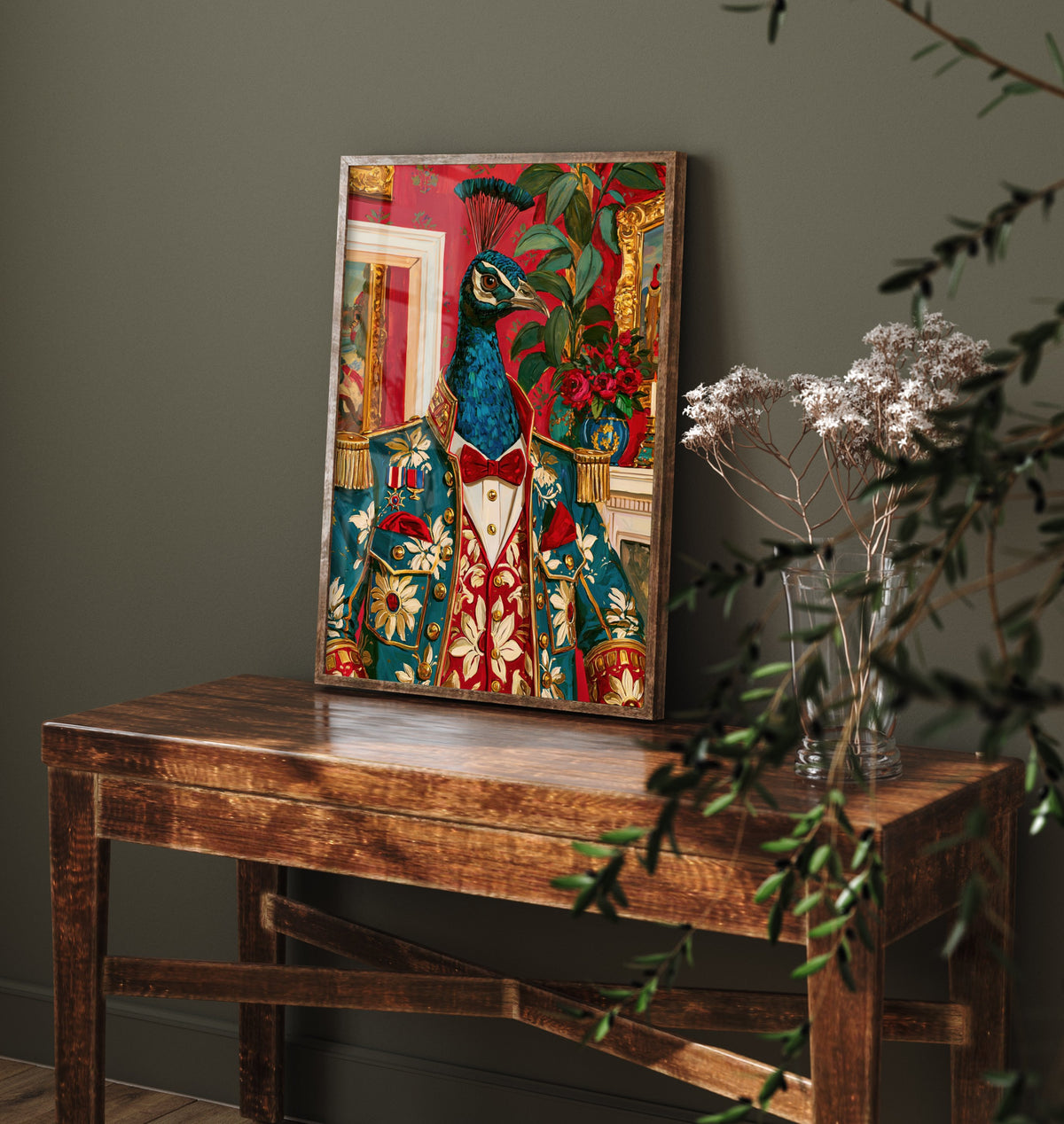 Peacock Art Print - Military Jacket and Medals - Chateaucore Animal Portrait Poster - Maximalist Painting