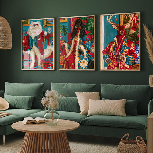 Chateaucore Animal Portrait Set of Three Art Prints - Persian Cat, Afghan Hound, Stag - Maximalist Painting Poster V1