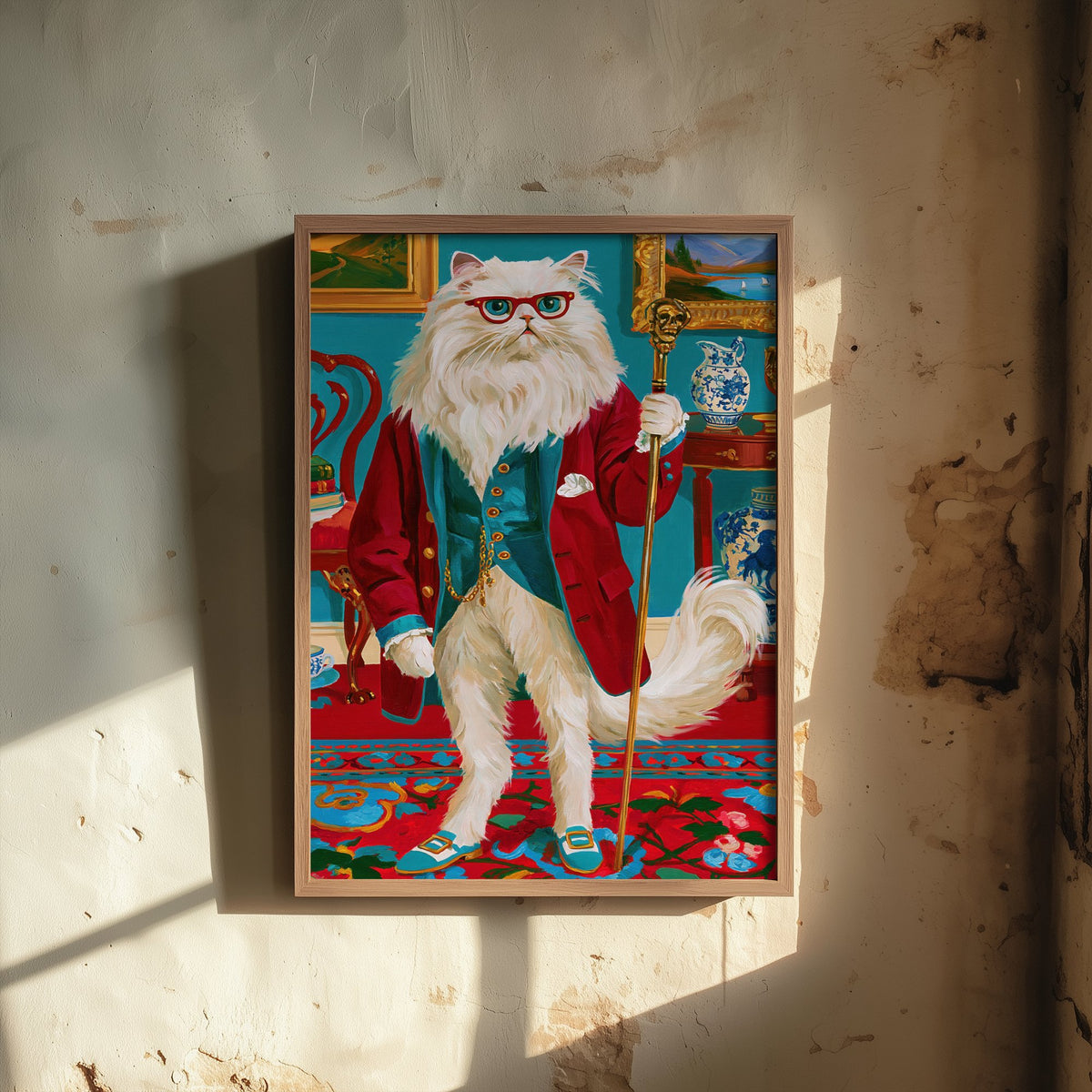 Persian Cat Art Print - Red Glasses and Gilded Cane - Chateaucore Animal Portrait Poster - Maximalist Painting