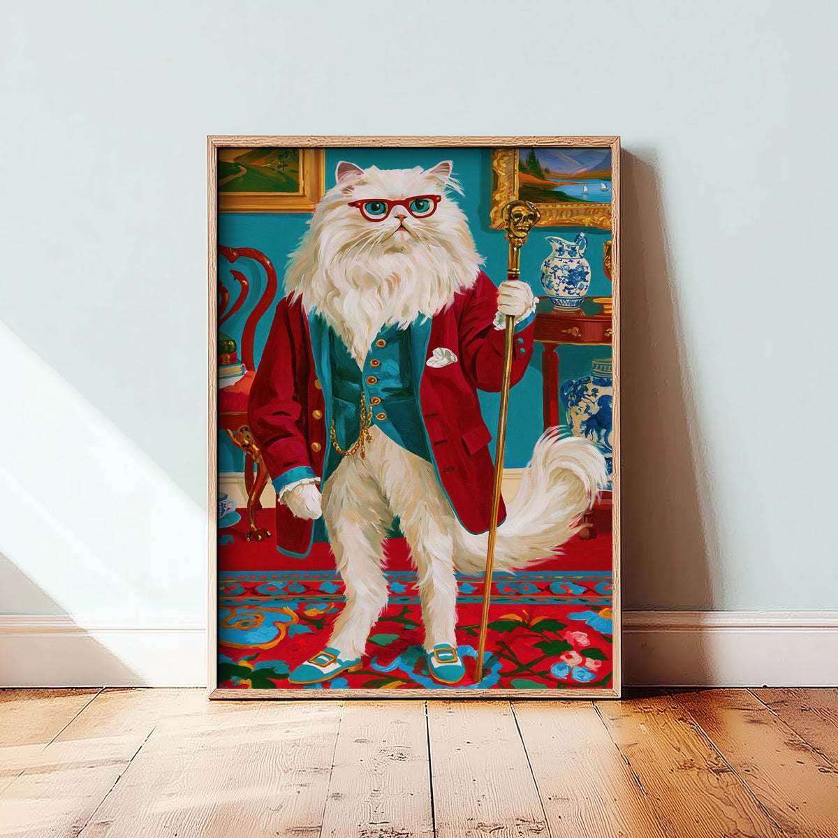 Persian Cat Art Print - Red Glasses and Gilded Cane - Chateaucore Animal Portrait Poster - Maximalist Painting