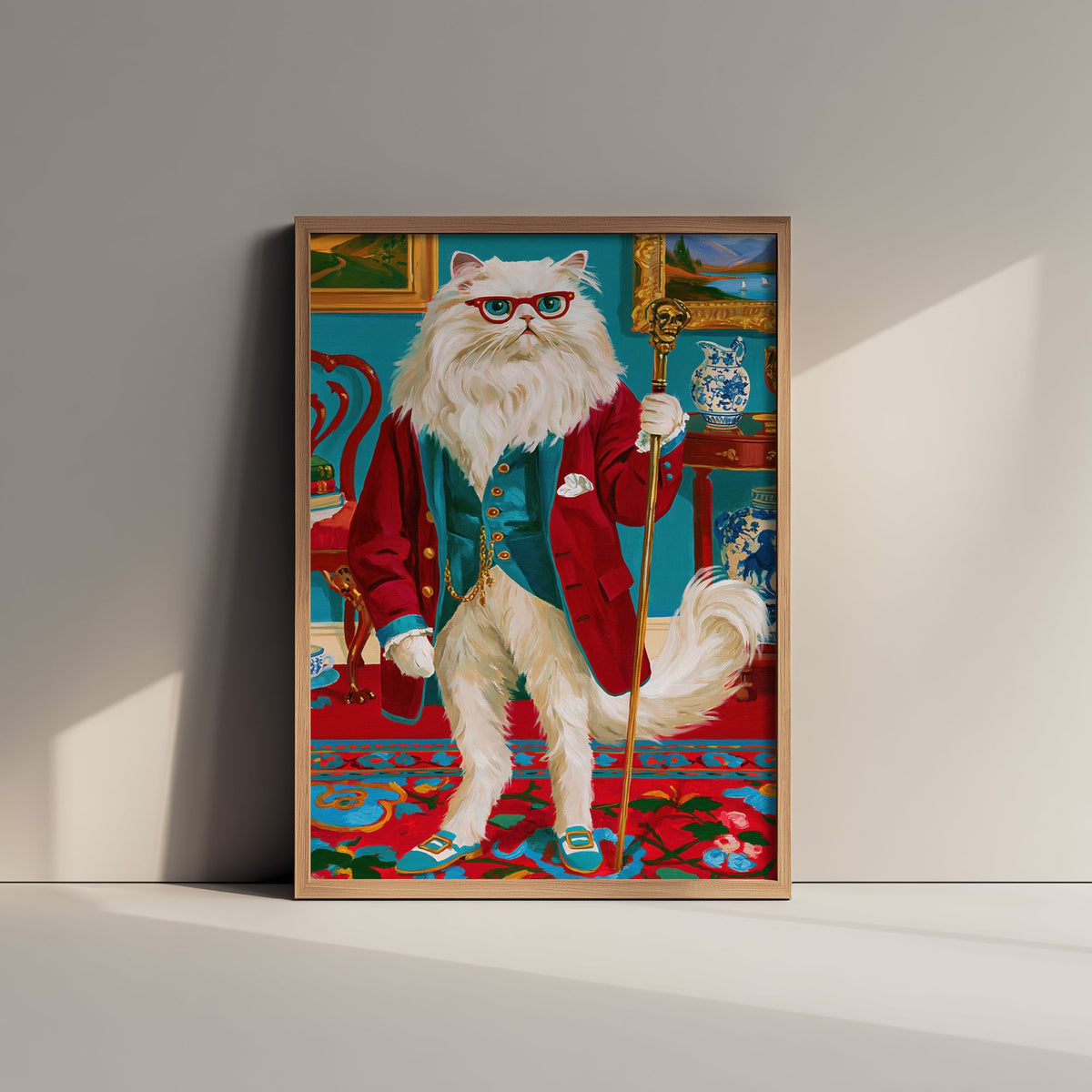 Persian Cat Art Print - Red Glasses and Gilded Cane - Chateaucore Animal Portrait Poster - Maximalist Painting