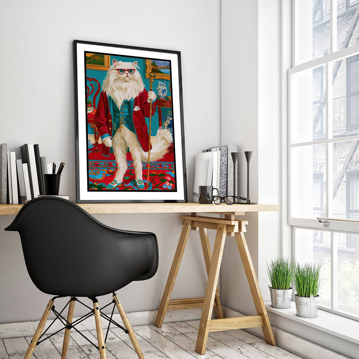 Persian Cat Art Print - Red Glasses and Gilded Cane - Chateaucore Animal Portrait Poster - Maximalist Painting