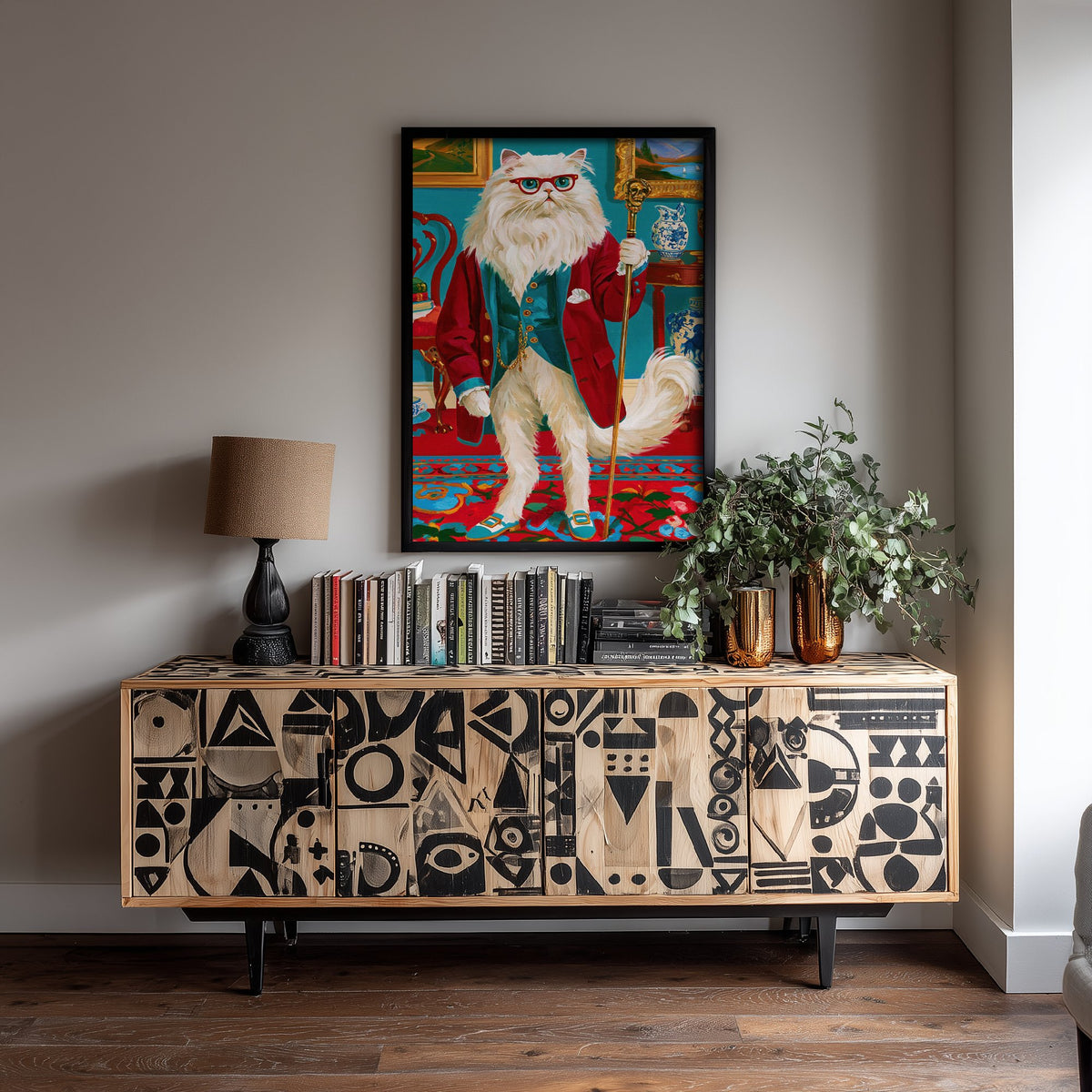 Persian Cat Art Print - Red Glasses and Gilded Cane - Chateaucore Animal Portrait Poster - Maximalist Painting