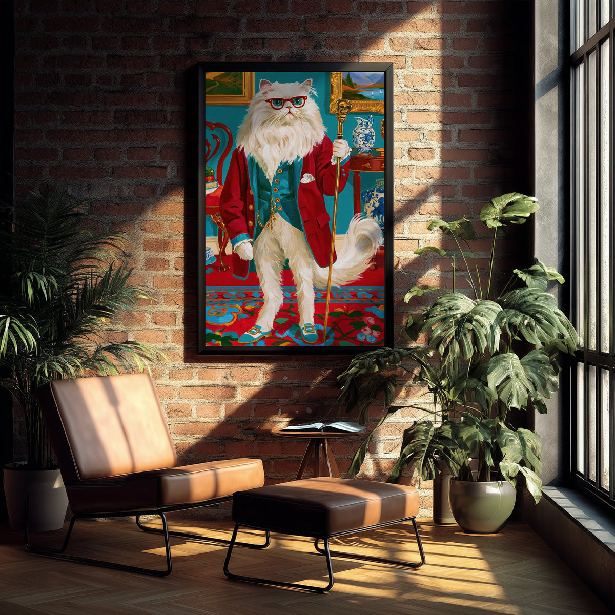Persian Cat Art Print - Red Glasses and Gilded Cane - Chateaucore Animal Portrait Poster - Maximalist Painting