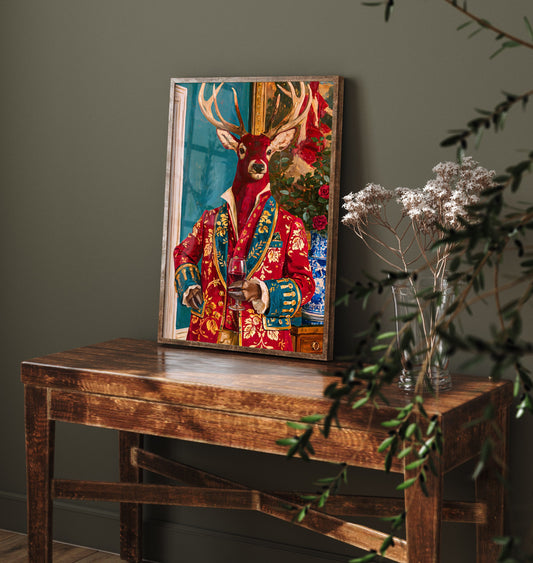 Stag Art Print - Brocade Jacket and Red Wine - Chateaucore Animal Portrait Poster - Maximalist Painting