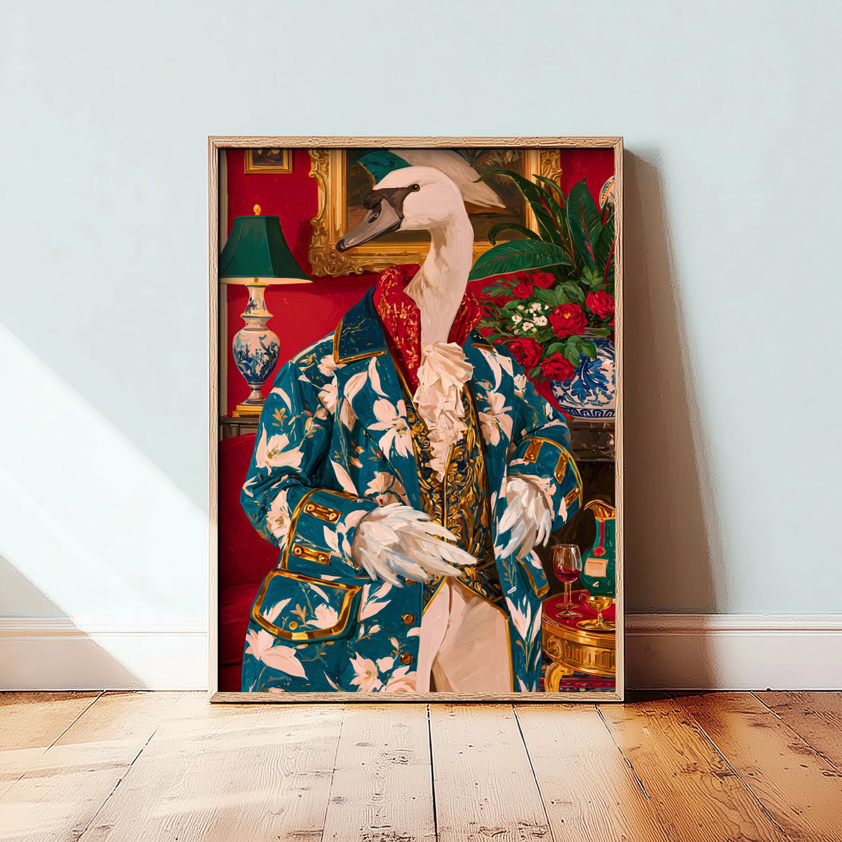 Swan Art Print - Floral Jacket and Lace Jabot - Chateaucore Animal Portrait Poster - Maximalist Painting