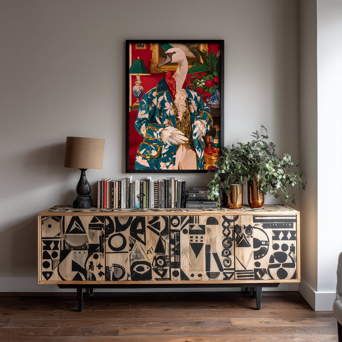 Swan Art Print - Floral Jacket and Lace Jabot - Chateaucore Animal Portrait Poster - Maximalist Painting