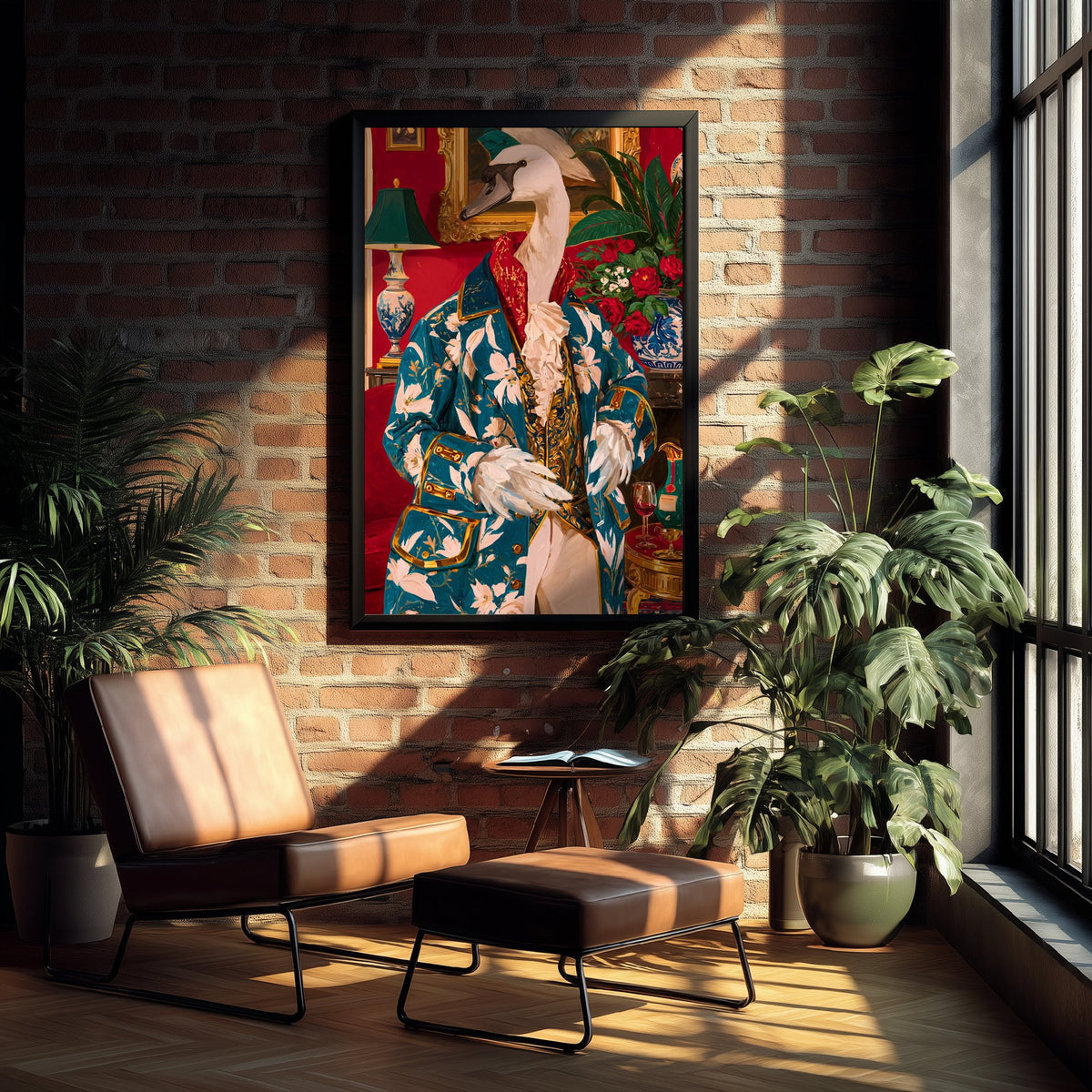 Swan Art Print - Floral Jacket and Lace Jabot - Chateaucore Animal Portrait Poster - Maximalist Painting