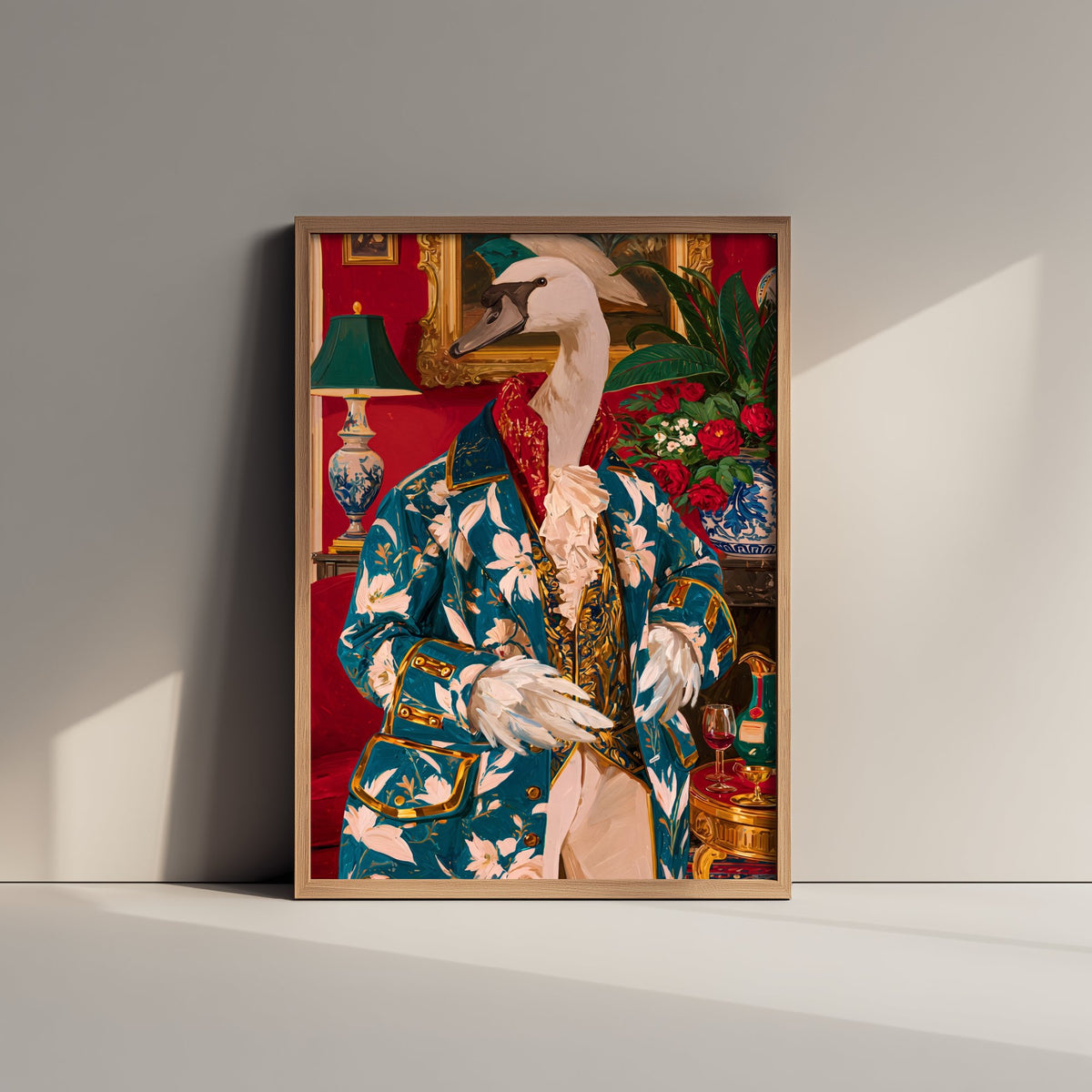 Swan Art Print - Floral Jacket and Lace Jabot - Chateaucore Animal Portrait Poster - Maximalist Painting
