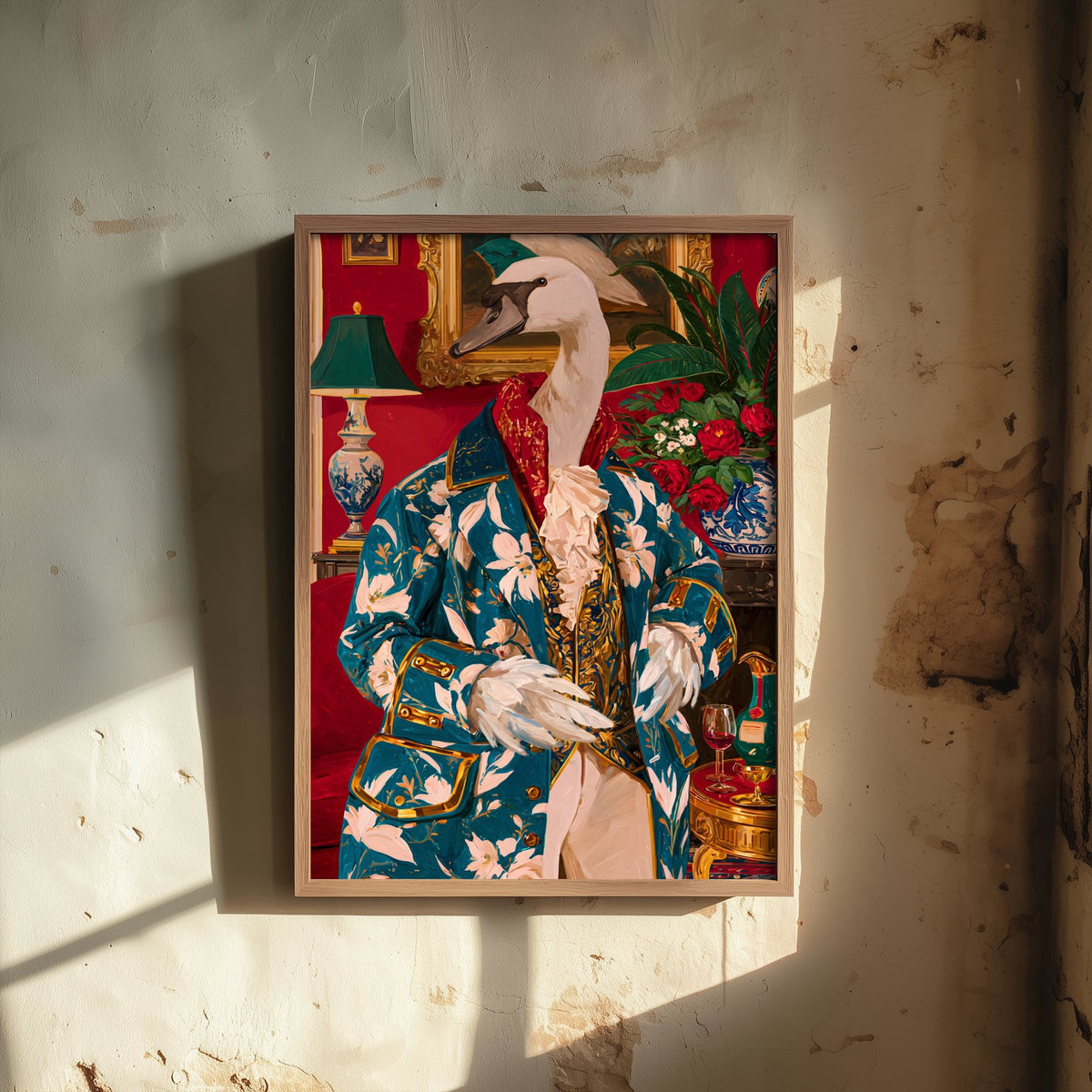 Swan Art Print - Floral Jacket and Lace Jabot - Chateaucore Animal Portrait Poster - Maximalist Painting