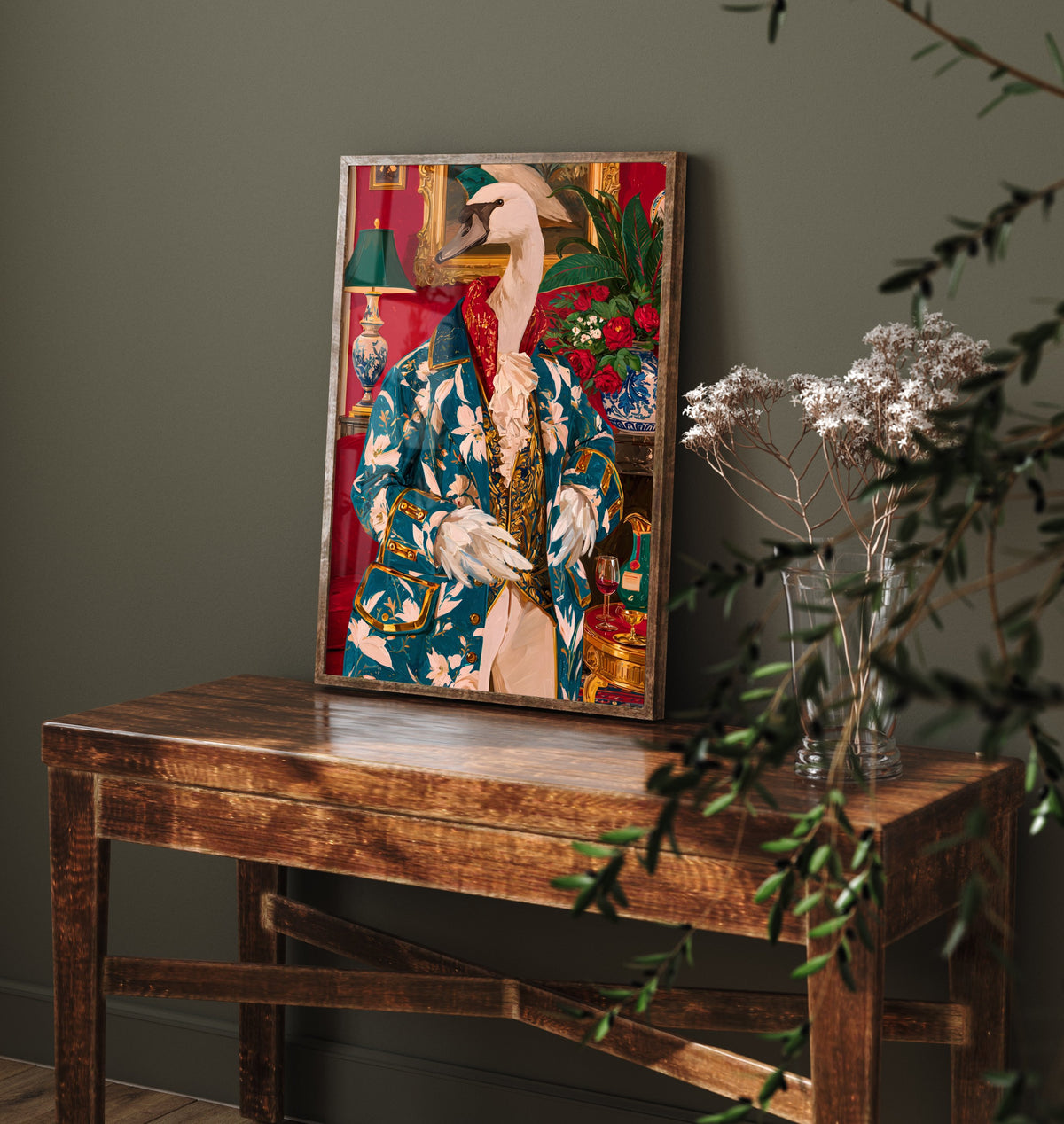 Swan Art Print - Floral Jacket and Lace Jabot - Chateaucore Animal Portrait Poster - Maximalist Painting