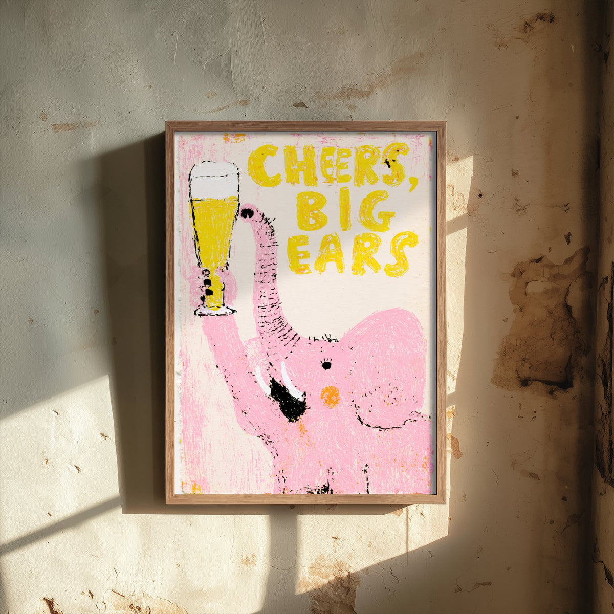 Cheers, Big Ears Art Print - Pink Elephant Raising a Lager Poster - Waxy Pastel Drinks Illustration