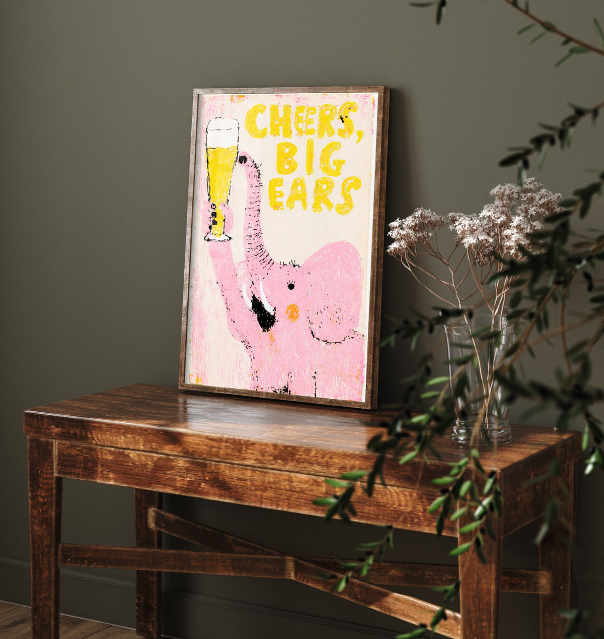 Cheers, Big Ears Art Print - Pink Elephant Raising a Lager Poster - Waxy Pastel Drinks Illustration